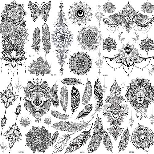 Product Cover COKTAK 6 Pieces/Lot Unique Black Henna Temporary Tattoo Stickers For Adults Women Girls Feather Mandala Flower Body Art Large Big Arm Tattoos Sheet Lace Indian Mehndi Sexy Wedding Tatoos Paper OWL