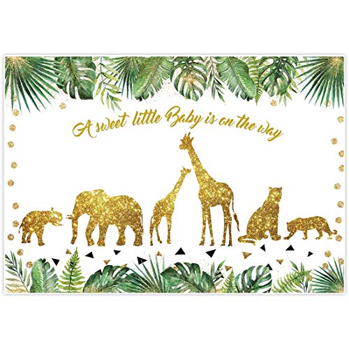 Product Cover Allenjoy 7x5ft Safari Baby Shower Backdrop Tropical Palm Leaves Gold Decor Wild One for Jungle Animals Themed Children Birthday Photography Background Dessert Table Photo Studio Booth Props Banner