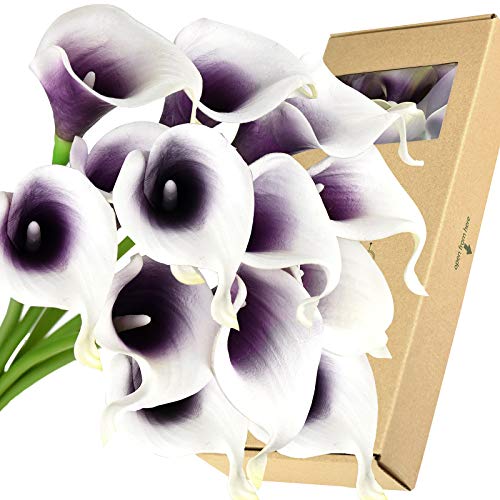 Product Cover FiveSeasonStuff Real Touch Calla Lilies Artificial Flowers Wedding Bridal Bouquet Home Décor Party |Floral Arrangments | 15 Stems (Silk White & Abyss Purple)
