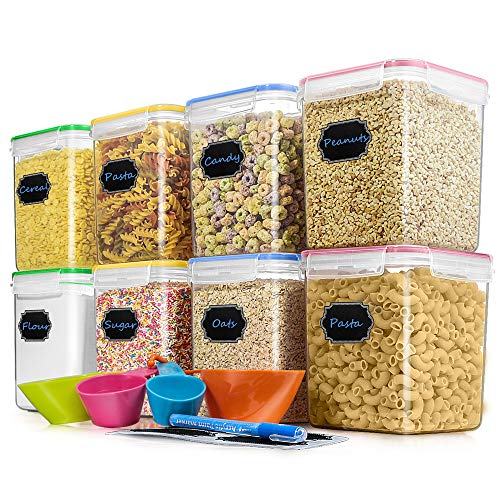 Product Cover Cereal Container Food Storage Containers, Blingco Set of 8 (2.5L/85oz) Airtight Dry Food Storage Containers with Lids - BPA Free Plastic for Flour, Sugar, Cereal and Pantry Storage Containers