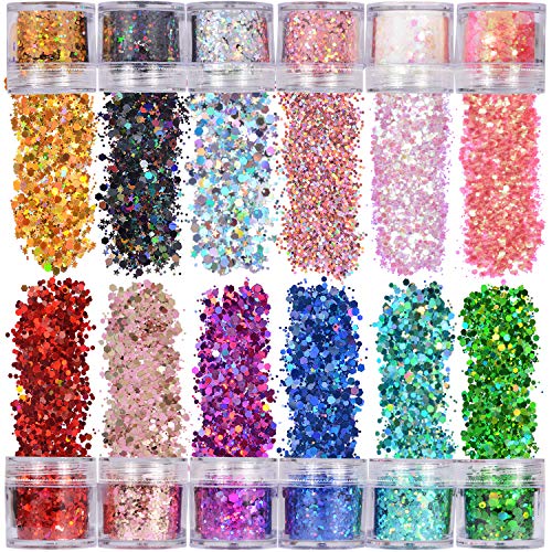 Product Cover Warmfits Holographic Chunky Glitter 12 Colors Total 120g Face Body Eye Hair Nail Festival Chunky Holographic Glitter Different Size, Stars and Hexagons Shaped (Set A)