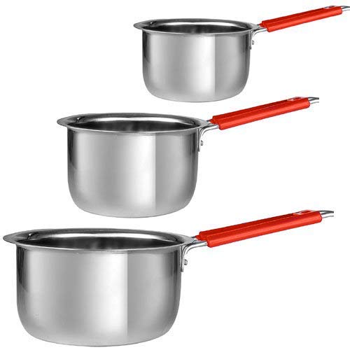 Product Cover Sharda Metals Gas and Induction Base Stainless Steel Tea/Coffee Tope Saucepan with Handle, Silver, Set of 3