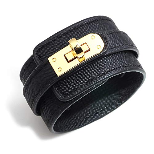 Product Cover Wide Cuff Multilayer Leather Wrap Bracelet Unisex 23cm 9 inch Length (Black)