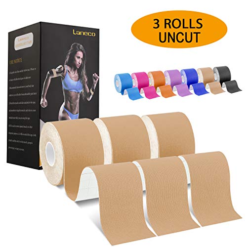 Product Cover Laneco Kinesiology Tape (19.7ft Uncut Per Roll, 3 Roll), Latex Free Physio Tape, Breathable, Water Resistant Sports Tape for Muscles & Joints, Pain Relief and Injury Recovery, Free Taping Guide