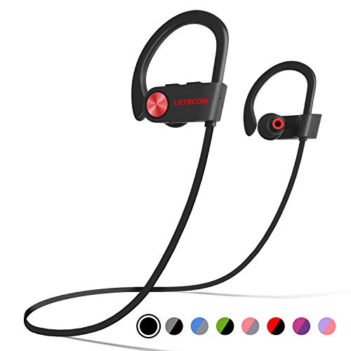 Product Cover LETSCOM Bluetooth Headphones IPX7 Waterproof, Wireless Sport Earphones, Hifi Bass Stereo Sweatproof Earbuds W/Mic, Noise Cancelling Headset for Workout, Running, Gym, 8 Hours Play time