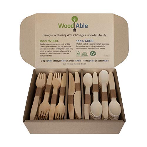 Product Cover WoodAble - Disposable Wooden Forks, Spoons, Knives Set | Alternative to Plastic Cutlery - Biodegradable Replacements (300 Count - 120 Forks, 120 Spoons, 60 Knives)