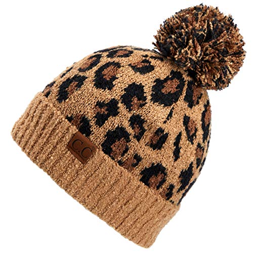 Product Cover C.C Exclusives Soft Beanie hat with Leopard Pattern and Fur Pom(HAT-7001) (Latte-Leopard Pom)