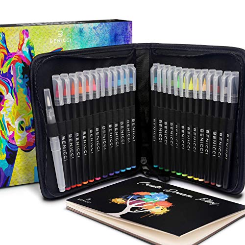 Product Cover Artist Watercolor Brush Pens Set of 26 - Vibrant Markers with Bonus 1 Water Brush Pen - 25 Colors Flexible Nylon Tips - Paper Pad & Carry Case - Non-Toxic Safe & Fun Watercolors in Gift Ready Package