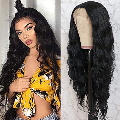 Product Cover QD-Tizer Black Long Loose Curly Wave Lace Front Wigs with Baby Hair Deep Part Heat Resistant Glueless Synthetic Lace Front Wigs for Fashion Women 28 inch Black Curly Wigs