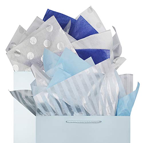 Product Cover Tissue Gift Wrap Paper 60 Sheets Metallic Silver and Multi Color Blue Mix Set Premium Quality Recyclable Bulk, 26