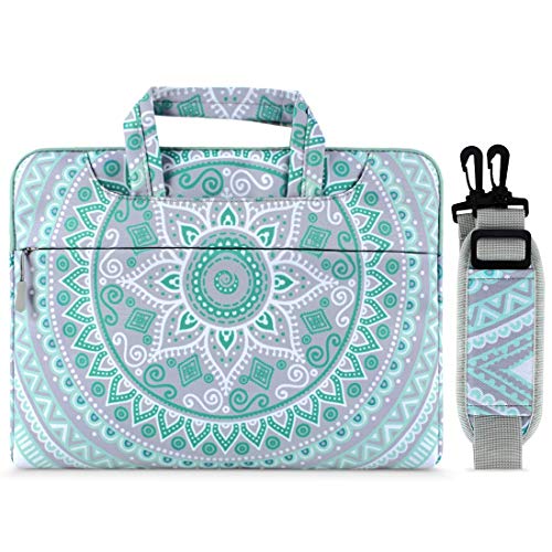 Product Cover MOSISO Laptop Shoulder Bag Compatible with 2019 2018 MacBook Air 13 inch with Retina Display A1932,13 inch MacBook Pro A2159 A1989 A1706 A1708, Canvas Mandala Pattern Briefcase Sleeve, Mint Green&Blue