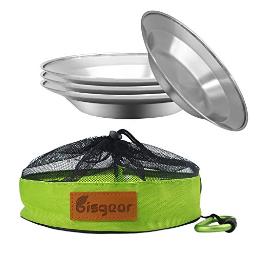 Product Cover Bisgear Camping Stainless Steel 8.5 inch Kitchen Dinner Plate Pack of 4 + Carabiner + Dishcloth Mess kit Outdoor Dinnerware Set BPA Free Round Plates for Backpacking, Picnic & BBQ (8.5