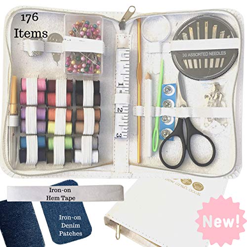Product Cover Beginners Sewing Kit, Travel Sewing Kit, Mini Sewing Kit,176 Pieces, Iron-On Hem Tape and Patches, Needle and Thread
