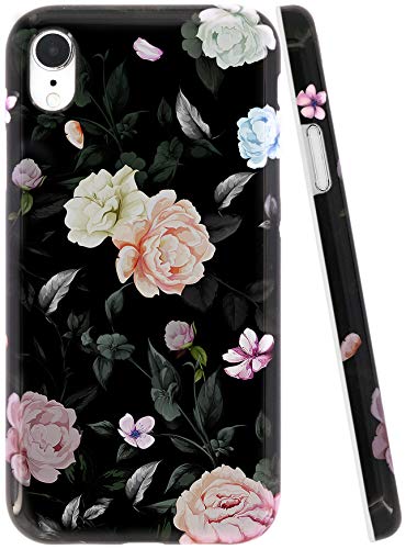 Product Cover A-Focus Case for iPhone XR Case Rose Flower, Pink Floral Texture IMD Protective Shock Proof Flexible Slim Rubber Silicone Case for iPhone XR 2018 6.1 inch Glossy Flower Black