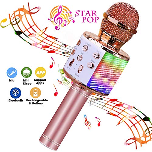 Product Cover BlueFire Wireless 4 in 1 Bluetooth Karaoke Microphone with LED Lights, Portable Microphone for Kids, Best Gifts Toys for 4 6 8 10 12 Year Old Girls Boys (Pink)