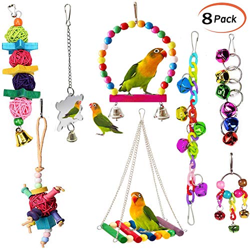 Product Cover ESRISE 8 Pcs Bird Parrot Toys, Hanging Bell Pet Bird Cage Hammock Swing Toy Wooden Perch Chewing Toy for Small Parrots, Conures, Love Birds, Small Parakeets Cockatiels, Macaws, Finches