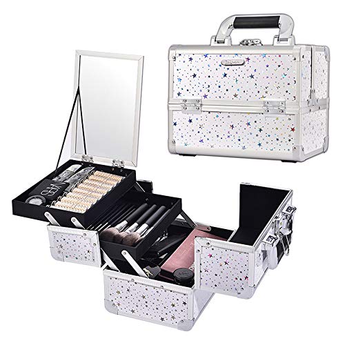 Product Cover Joligrace Makeup Box Cosmetic Train Case Jewelry Organizer Lockable with Keys and Mirror 2-Tier Tray Portable Carrying with Handle Travel Storage White Star