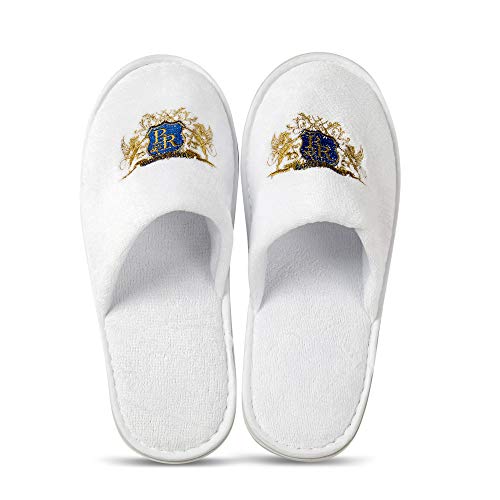 Product Cover Baroque Royal Disposable Indoor Spa Slippers, Bulk Pack of 12, Soft Cotton Hotel Slippers for Guests, Non-Slip EVA Sole, White Closed Toe Home Slippers for Women, Men, Travel, AirBnb, Bridesmaids