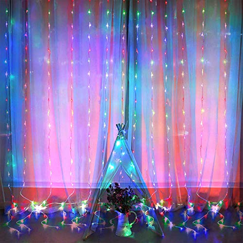 Product Cover Curtain Lights, 8 Modes Fairy Lights String with Remote Controller, IP64 Waterproof, USB Plug in Twinkle Lights for Weddings, Parties, Backdrop, Wall Decorations, 300 Led（ 9.8x9.8Ft, Multicolor）