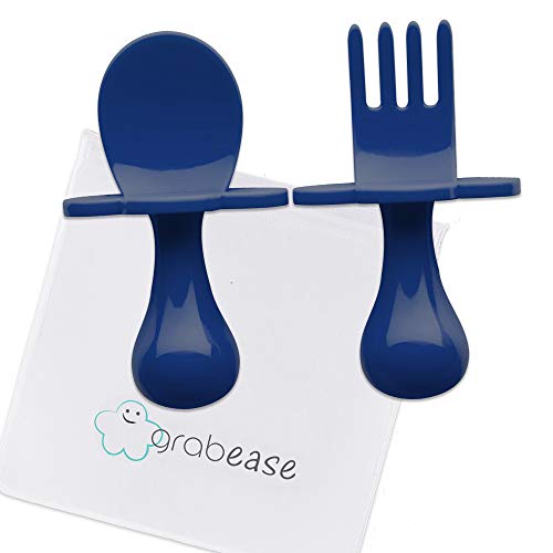 Product Cover GRABEASE First Self Feed Baby Utensils with a Togo Pouch - Anti-Choke, BPA-Free Baby Spoon and Fork Toddler Utensils - Toddler Silverware for Baby Led Weaning Ages 6 Months+, Navy