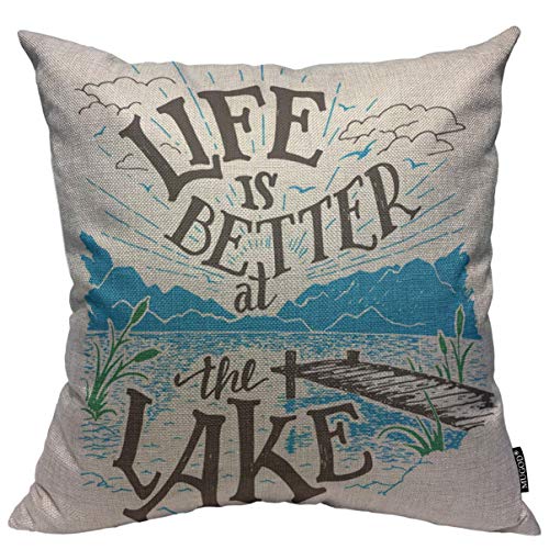 Product Cover Mugod Lake House Sign Throw Pillow Cover Life is Better at The Lake Lakeside Living Cabin Decorative Square Pillow Case for Home Bedroom Living Room Cushion Cover 18x18 Inch