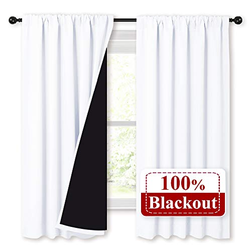 Product Cover NICETOWN White 100% Blackout Lined Curtains, 2 Thick Layers Completely Blackout Rod Pocket Thermal Insulated Drapes for Kitchen/Bedroom (1 Pair, 52 inches Width x 63 inches Length Each Panel)