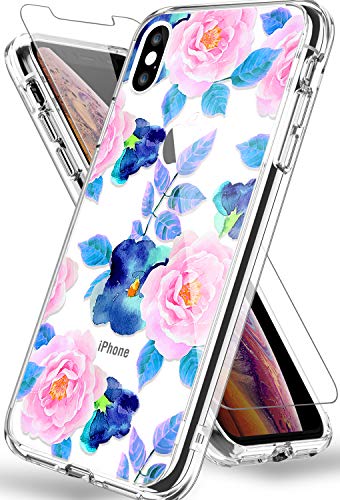 Product Cover Compatible with iPhone Xs Max Case with Screen Protector, Clear Flower Pattern Design Hard PC+ TPU Girls Women Floral Slim Fit Cover Cases for iPhone Xs Max 6.5