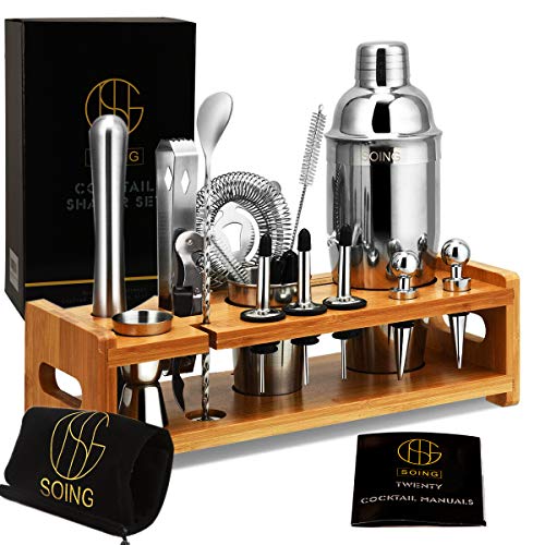 Product Cover Soing 24-Piece Cocktail Shaker Set Perfect Home Bartending Kit for Drink Mixing，Stainless Steel Bar Tools with Stand，Velvet Carry Bag & Recipes Included (Bar Tools Set with Stand)