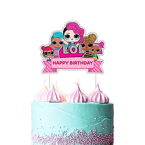 Product Cover LOL Cake Topper, Happy Birthday Cake Topper, Pink Cake Decorations for Bday Theme Party - Single Side 1 count