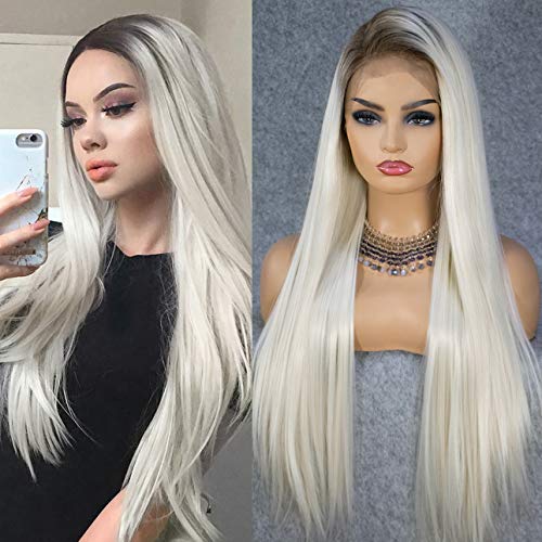 Product Cover K'ryssma 13x6 Deep Free Parting Ombre Blonde Lace Front Wig Natural Hairline Long Silk Straight Synthetic Wig for Women Dark Roots Platinum Blonde Wig 22 inches
