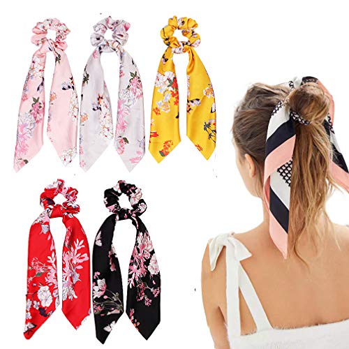 Product Cover Silk Satin Hair Scrunchies, Hair Scarf with Flower Pattern, Stripe Printed Hair Bobbles for Ponytail Holder (5 Pcs Flower Pattern Silk)