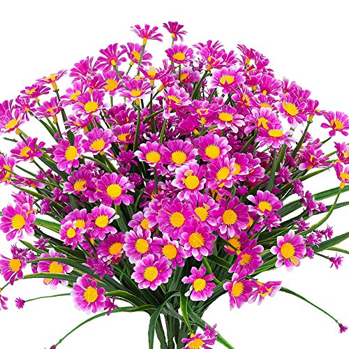 Product Cover TEMCHY Artificial Daisies Flowers Outdoor UV Resistant 4 Bundles Fake Foliage Greenery Faux Plants Shrubs Plastic Bushes for Window Box Hanging Planter Farmhouse Indoor Outside Decor(Magenta)