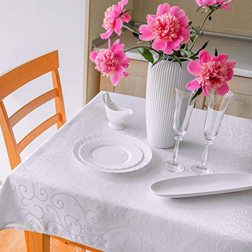 Product Cover Stain Resistant White Tablecloth Polyester Jacquard Table Linen, Rectangular, Square, Round, Washes Easily, Non Iron - Thanksgiving, Christmas, Dinner, Wedding (WHITE Swirls, Rectangle 60