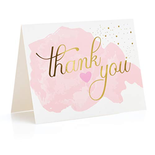Product Cover Thank You Cards with Envelopes (Set of 48) | Great for Baby Showers, Bridal Showers,Weddings, Parties & More | Gold Foil Stamped Premium Cardstock with Pink Blush Watercolor Design