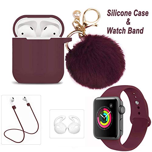 Product Cover Airpods Case and iWatch Band - LitoDream 5 in 1 Case and Watch Band Compatible with Airpods Silicone Glittery Case Cover with Keychain/Strap for Airpod 2/1 and iWatch (Burgundy,42mm/44mm)