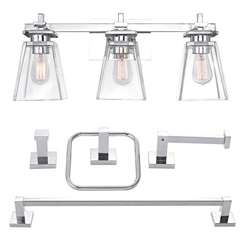 Product Cover Globe Electric 51413 Yorke 5-Piece All-in-One Bathroom Set, 3 Vanity Light Shades, Bar, Towel Ring, Robe Hook, Toilet Paper Holder, Chrome with Clear Glass