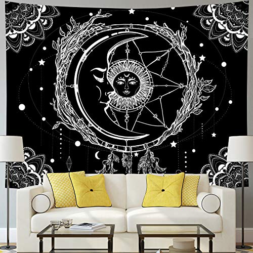 Product Cover Moon and Sun Tapestry Psychedelic Bohemian Mandala Wall Tapestry Black and White Indian Hippy Celestial Tapestry Starry Dreamcatcher Tapestry Wall Hanging for Bedroom Living Room Dorm(W78.7