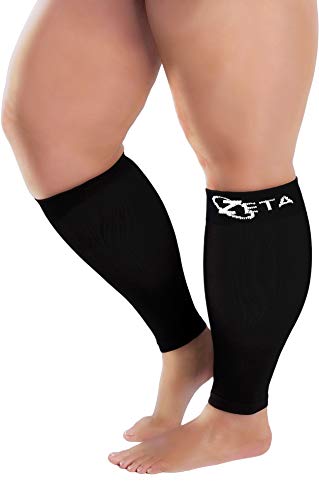 Product Cover Zeta Sleeve XXL Wide Plus Size Calf Compression, Soothing Comfy Gradient Support, Prevents Swelling, Pain, Edema, DVT, Large Cuffs, Stretch to 26 Inches, Unisex, for Nurses, Seniors, Flights (Black)