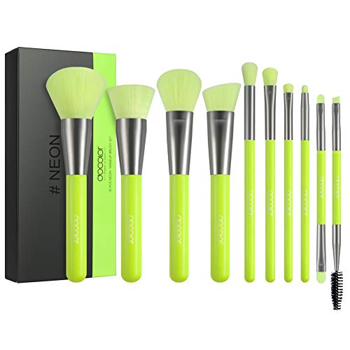 Product Cover Docolor Makeup Brushes 10 Piece Neon Green Makeup Brush Set Premium Synthetic Kabuki Foundation Blending Face Powder Mineral Eyeshadow Make Up Brushes Set