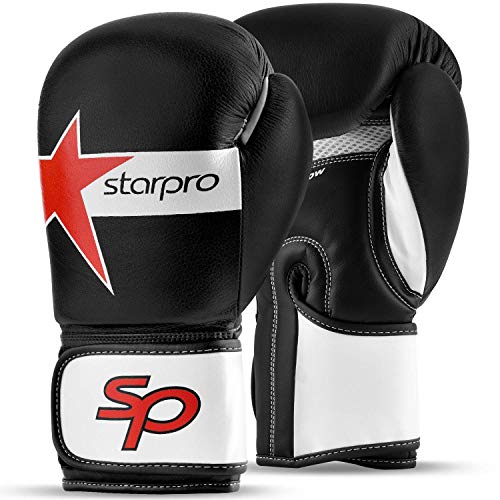 Product Cover Starpro Boxing Gloves for Training & Muay Thai - Punching Bag Cow Hide Leather Mitts for Fighting, Kickboxing, Sparring, Focus Pads | 8oz, 10oz, 12oz, 14oz, 16oz | Black White|