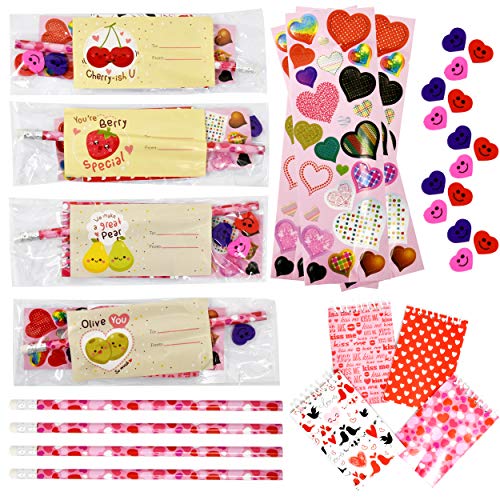 Product Cover 28 Pack Valentines Day Kids Party Favors for Valentine Classroom Exchange Cards Class Kid Pencil Eraser Notepad Sticker Bag Bags Pencils Bulk Pack Goodie Set School Favor Supply Toys Treats