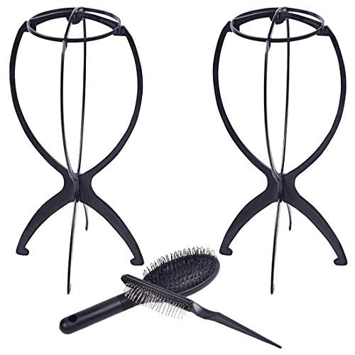 Product Cover Wig Stand with Wig Brush Combo, 2 Pack Portable Collapsible Wig Dryer Holder for Wigs Display, Professional Wig Comb for Hair Finishing (Black)