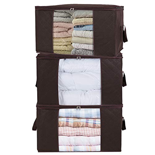 Product Cover Lifewit Large Capacity Clothes Storage Bag Organizer with Reinforced Handle Thick Fabric for Comforters, Blankets, Bedding, Foldable with Sturdy Zipper, Clear Window, 3 Pack, 90L, Brown