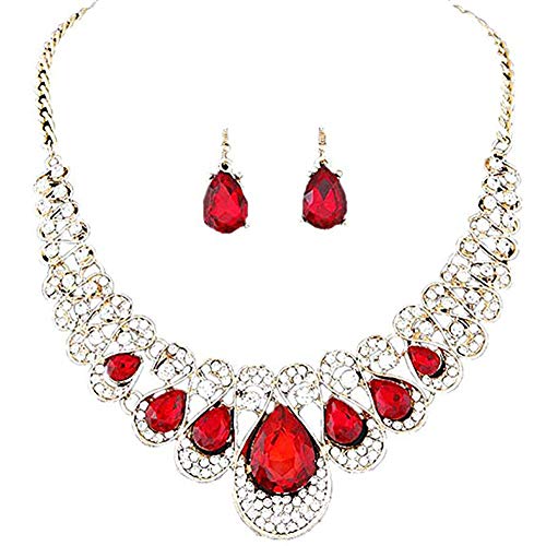 Product Cover Aoruisier Women's Cubic Zirconia Gorgeous Water Drop Dangle Necklace Earrings Set for Wedding Party Valentine's Day Present (Ruby)