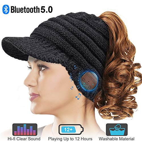 Product Cover Bluetooth Beanie Hat, Upgraded Bluetooth 5.0 Beanie Hat Gift for Women, Wireless Headphone Ponytail Beanie Music Hat, Winter Knitting Cap Bluetooth Earphones, Built-in Microphone Hand-Free Call