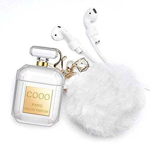 Product Cover Xmifer AirPods Case, Cute Airpods Case Keychain Drop Proof (Silicone Skin for AirPods Charging Case 2/1) with Fluffy Fur Ball Keychain for Airpods 2/1 Perfume Bottle Gold with Strap