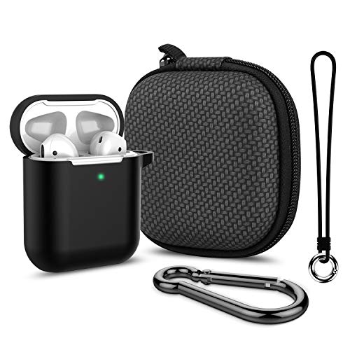 Product Cover Airpods Case, Music tracker Thicken Protective Airpods 2 Cover Soft Silicone Earbuds Case [Front LED Visible] with Carabiner/Anti-Lost Lanyard/EVA Storage Bag for Apple Airpods Gen 2 (Black)