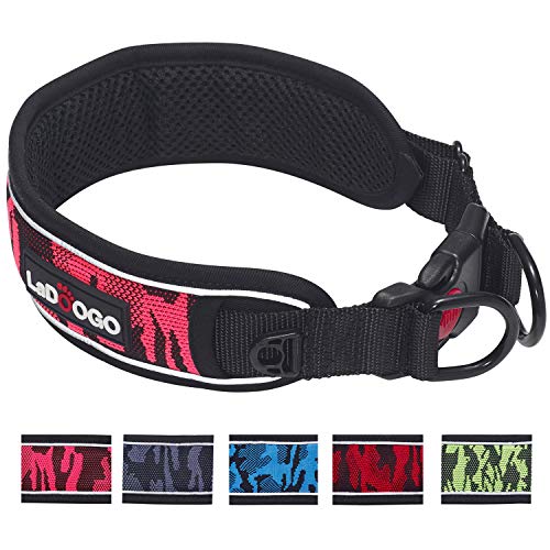 Product Cover ladoogo Heavy Duty Dog Collar Padded with Comfortable Cushion Reflective and Adjustable Dog Training Collars for Large Medium Small Dogs (L-for Neck 17'' - 21.5'', Yarn Dye Pink)