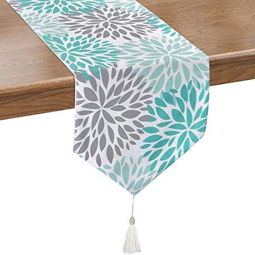 Product Cover Smurfs Yingda Dahlia Pinnata Table Runner with Tassels, Green & Gray Print Flower Table Runners for Catering Events, Dinner Parties, Wedding, Summer Parties, Indoor and Outdoor Parties, 12 × 70 inches