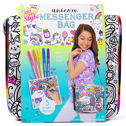 Product Cover Just My Style Color Your Own Unicorn Messenger Bag by Horizon Group USA, Color & Embellish Your Unicorn Themed Purse, Sparkling Gemstones & 5 Bright Markers Included